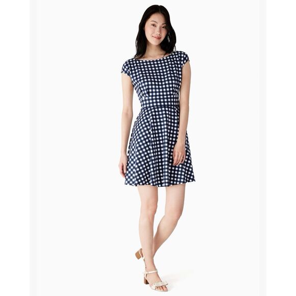 NWT Kate Spade Gingham Ponte Fiorella Navy Blue White Fit & Flare Dress - Picture 1 of 9